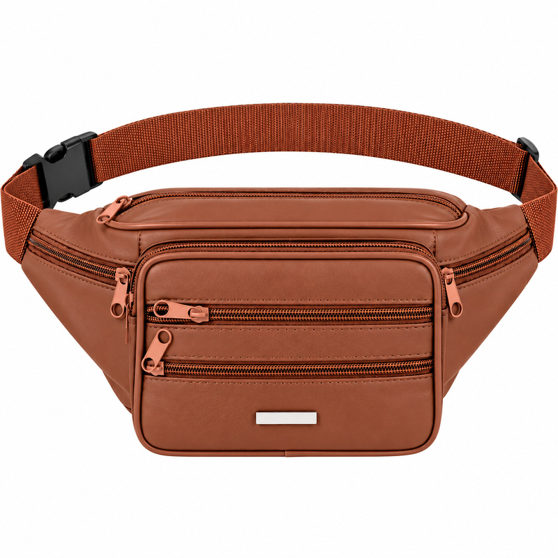 1442 Brown Leather Bum Bag W/6 Zips (New) (image for) 1442 Brown Leather Bum Bag W/6 Zips (New)